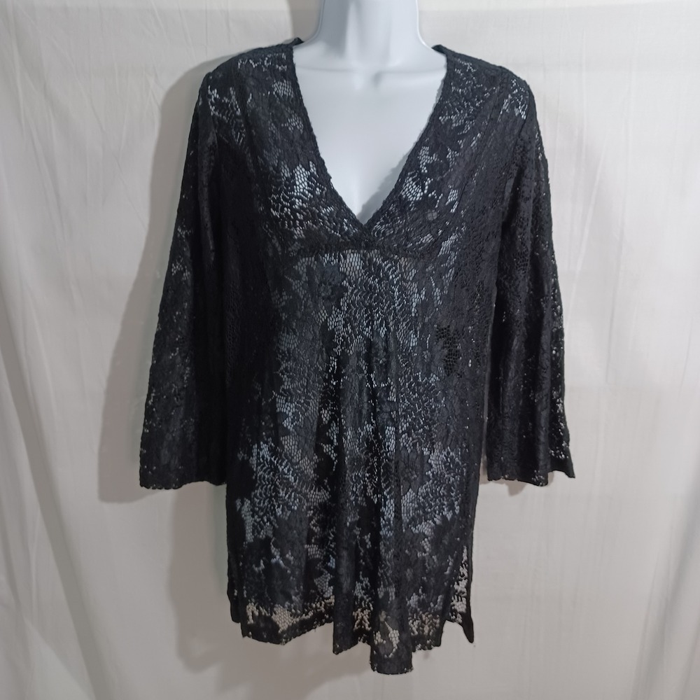 Women's J. Valdi Black Sheer Lace Floral Pattern Cover Up Tunic Size Small